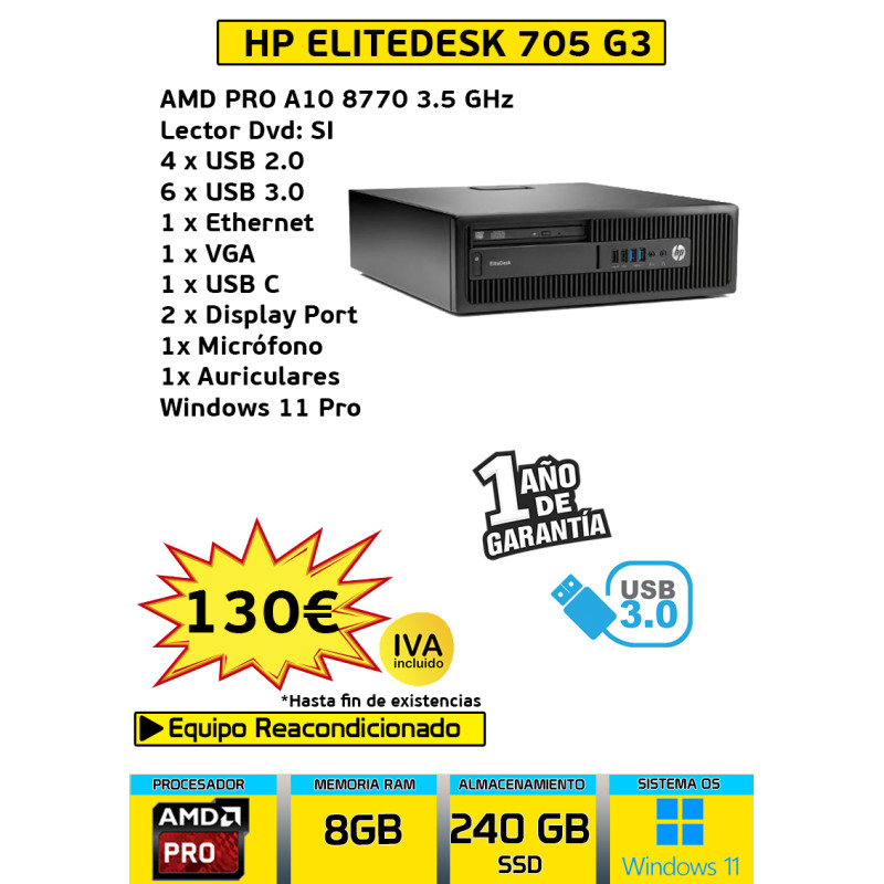 HP ELITEDESK 705 G3 SFF 8GB 240GB SSD AMD PRO
