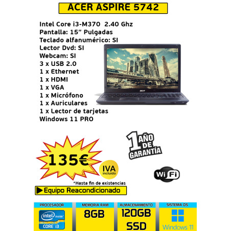 ACER ASPIRE 5742 CORE I3 8 GB 120 GB SSD M370