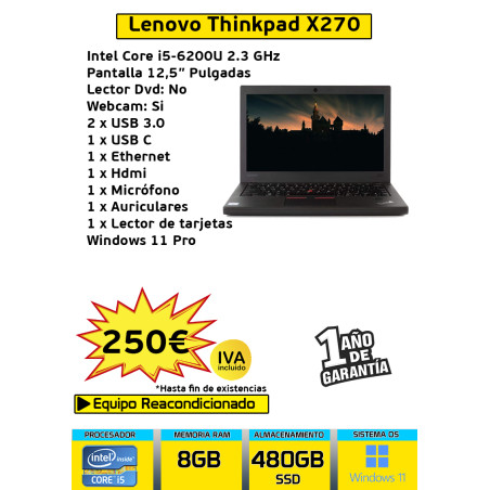 LENOVO THINKPAD X270 CORE I5-6200U 8GB 480GB SSD