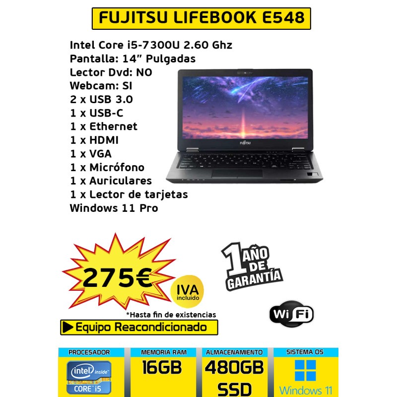 FUJITSU LIFEBOOK E548 CORE I5-7300U 16GB 480GB SSD