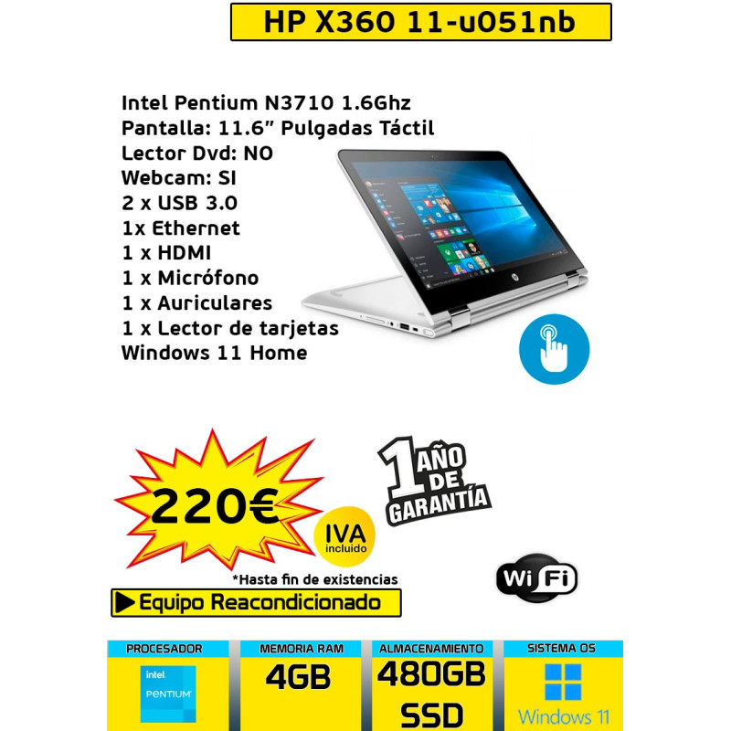 HP PAVILION X360 INTEL PENTIUM N3710 4GB 480GB SSD