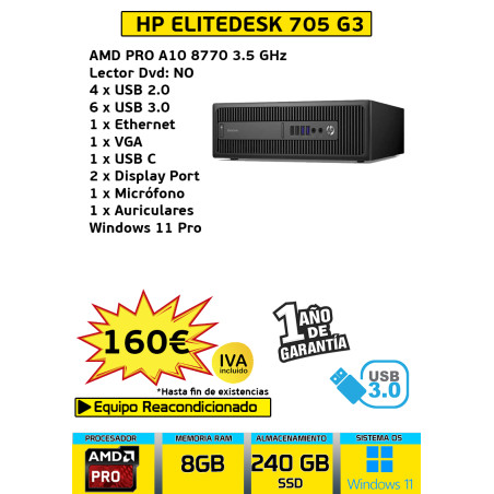 HP ELITEDESK 705 G3 SFF 8GB 240GB SSD AMD PRO