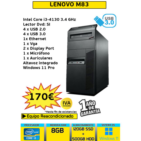 LENOVO M83 MT CORE I5 8GB 120GB SSD + 500GB HDD