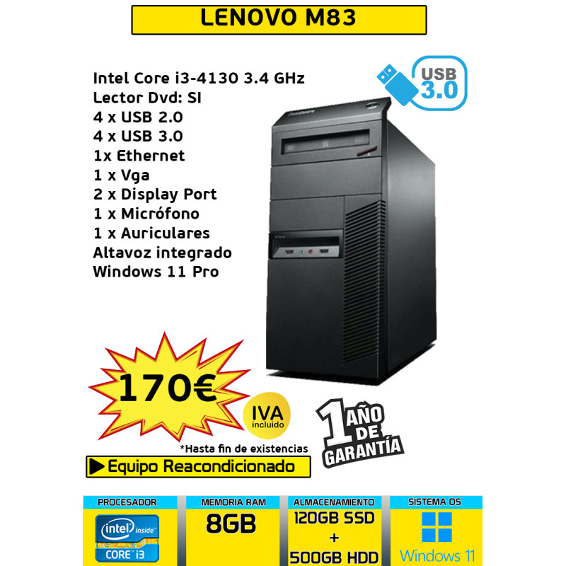 LENOVO M83 MT CORE I3 8GB 120GB SSD + 500GB HDD