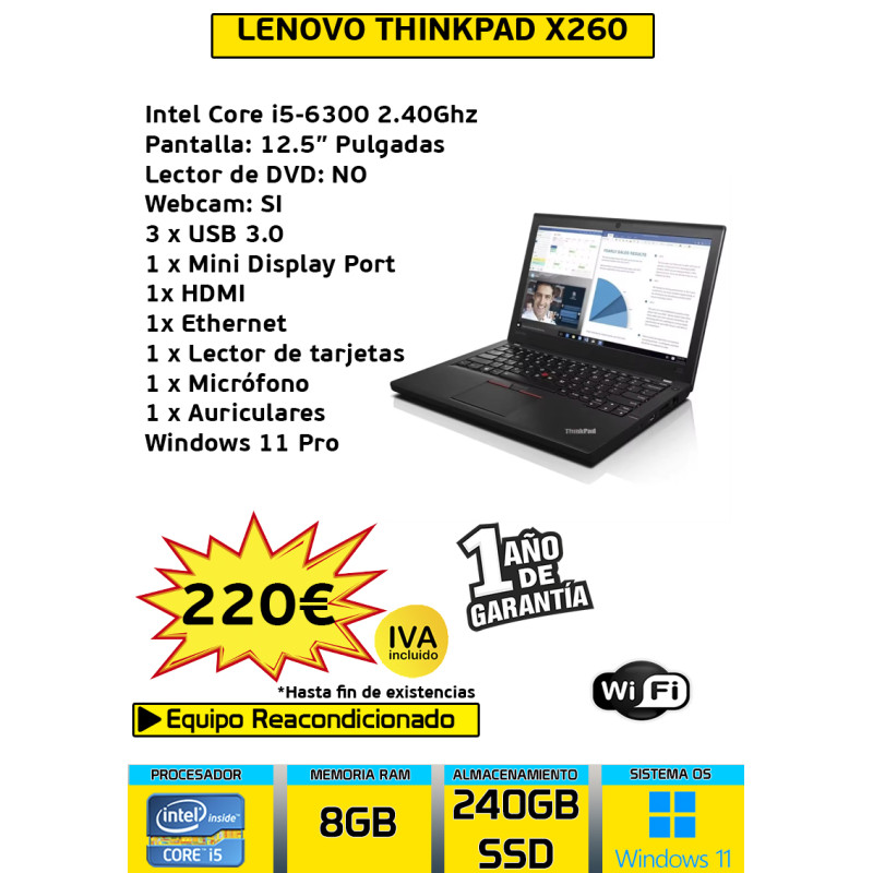 LENOVO THINKPAD X260 CORE I5-6300U 8GB 240GB SSD