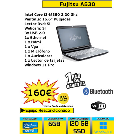 FUJITSU LIFEBOOK A530 CORE I3-M350 6GB 120GB SSD