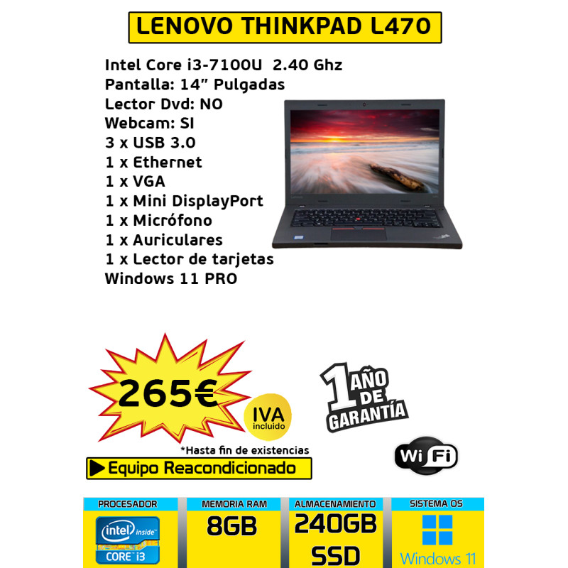 LENOVO THINKPAD L470 CORE I3 8GB 240GB SSD