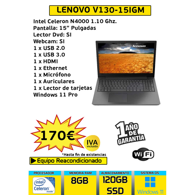 LENOVO V130-15IGM INTEL CELERON N4000 8GB 120GB SSD