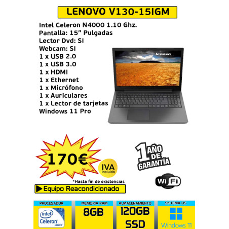 LENOVO V130-15IGM INTEL CELERON N4000 8GB 120GB SSD