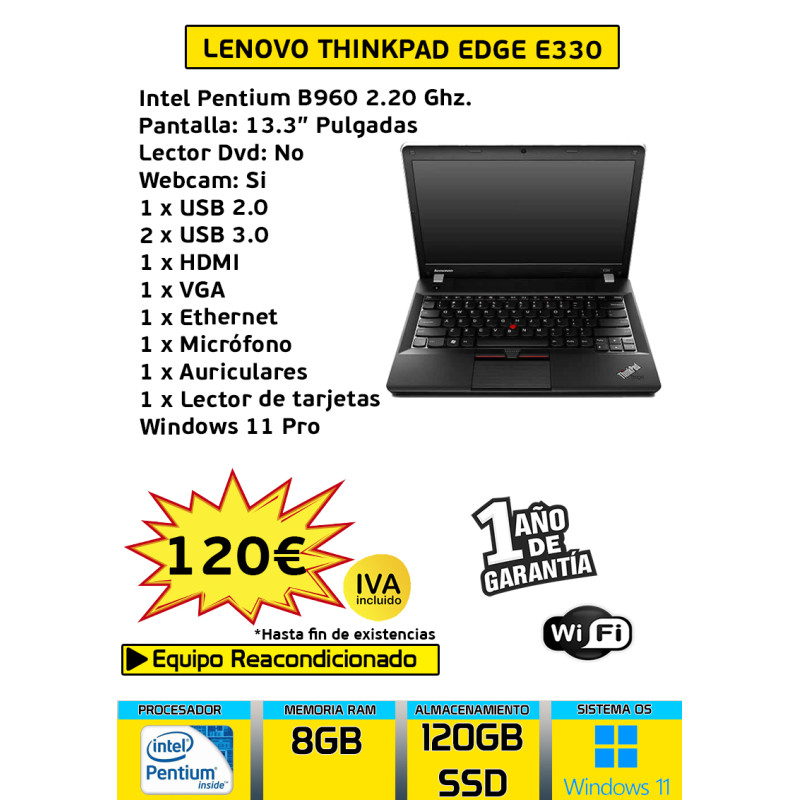 LENOVO THINKPAD EDGE E330 INTEL PENTIUM 8GB 120GB SSD