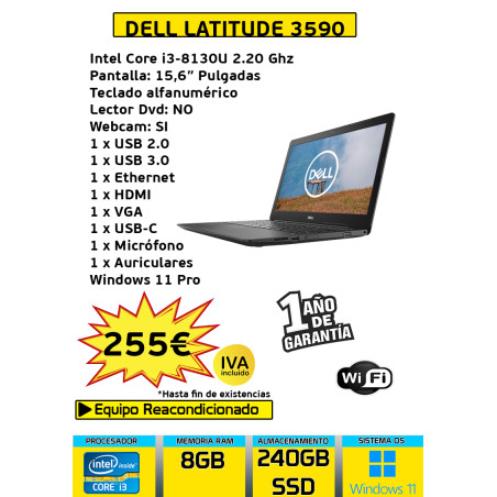 DELL LATITUDE 3590 CORE i3-8130U 8GB 240GB SSD