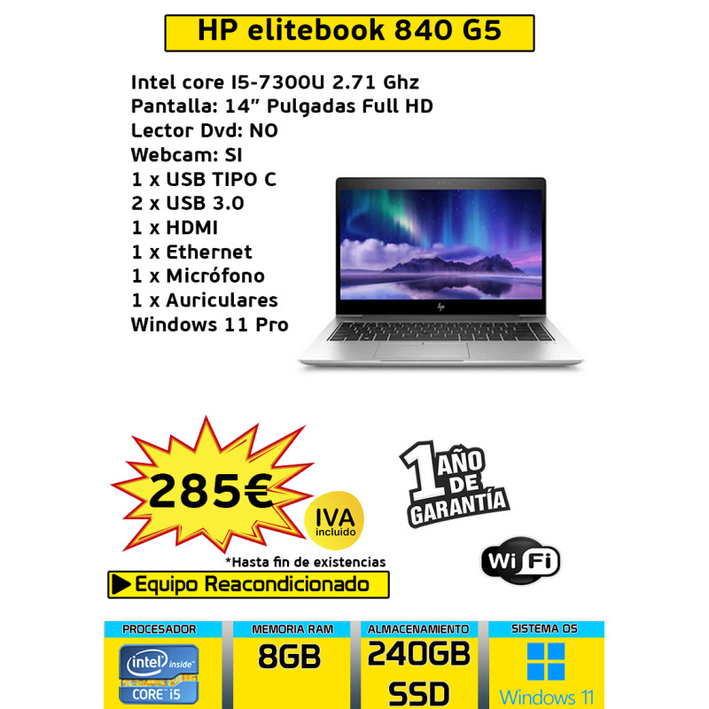 HP ELITEBOOK 840 G5 CORE I5-7300U 8GB 240GB SSD