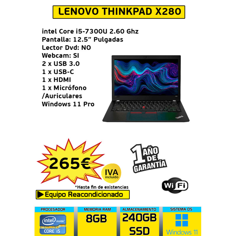 LENOVO THINKPAD X280 CORE I5-7300U 8GB 240GB SSD
