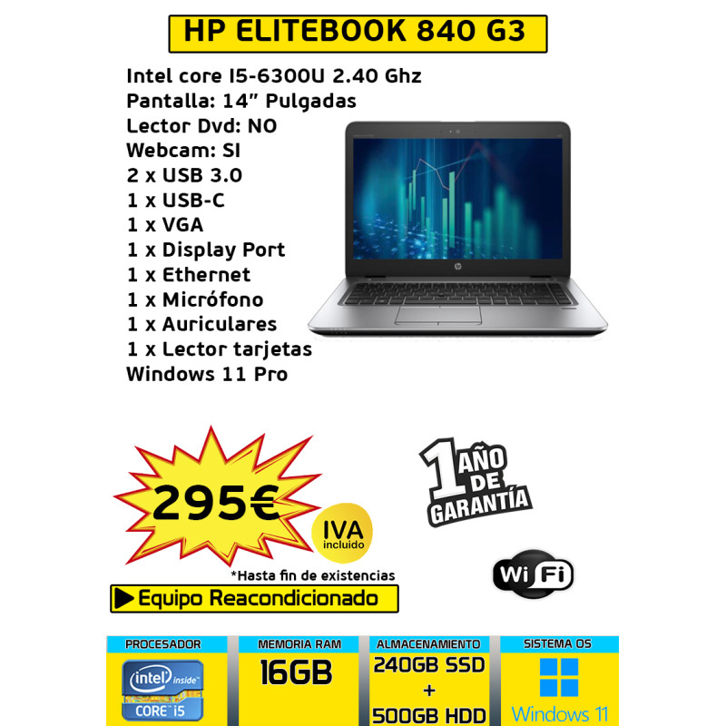 HP ELITEBOOK 840 G3 CORE I5 16GB RAM 240GB SSD + 500GB HDD