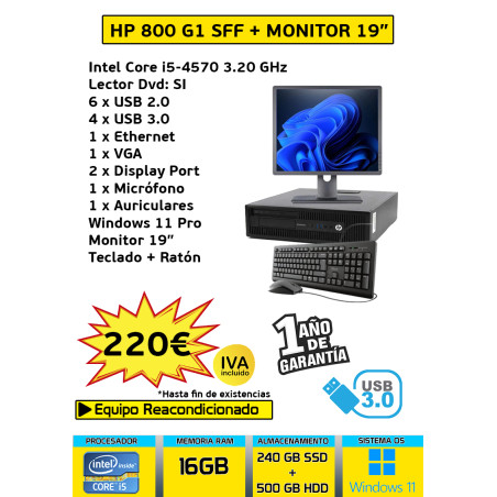 EQUIPO COMPLETO HP 800 G1 SFF 16GB RAM 240GB SSD 500GB HDD  + MONITOR+ T+R