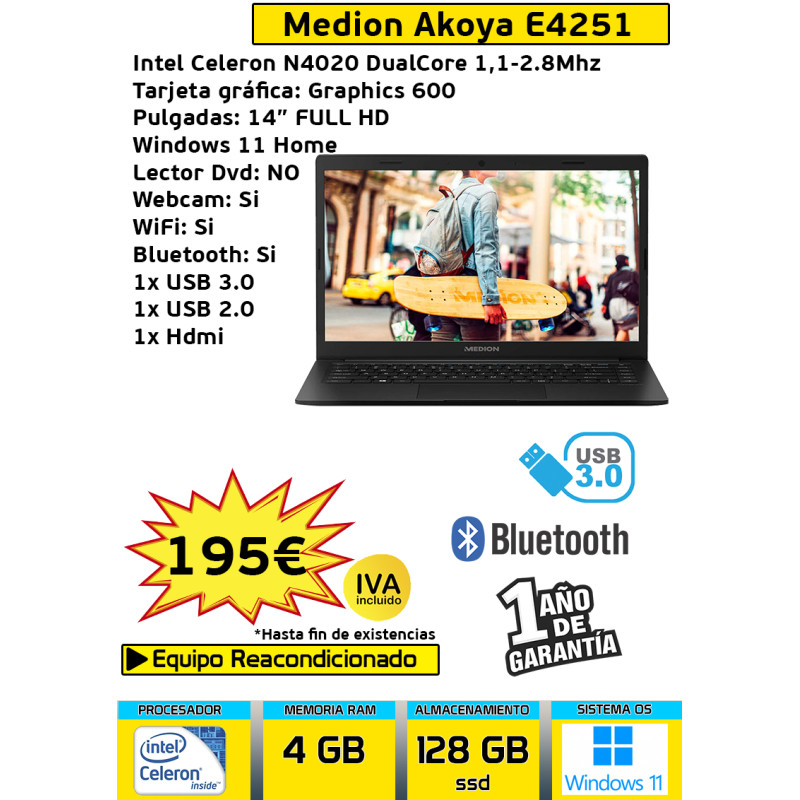 MEDION AKOYA E4251  INTEL CELERON N4020 DUALCORE 4GB RAM 128GB SSD