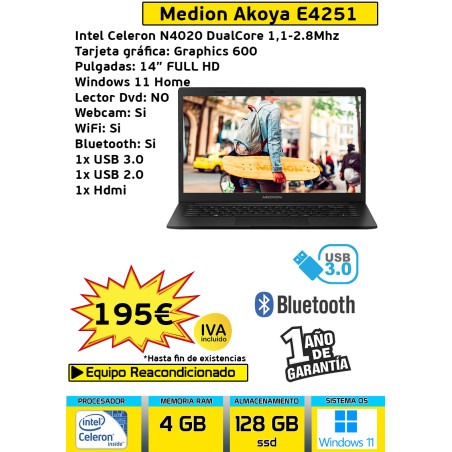 MEDION AKOYA E4251  INTEL CELERON N4020 DUALCORE 4GB RAM 128GB SSD