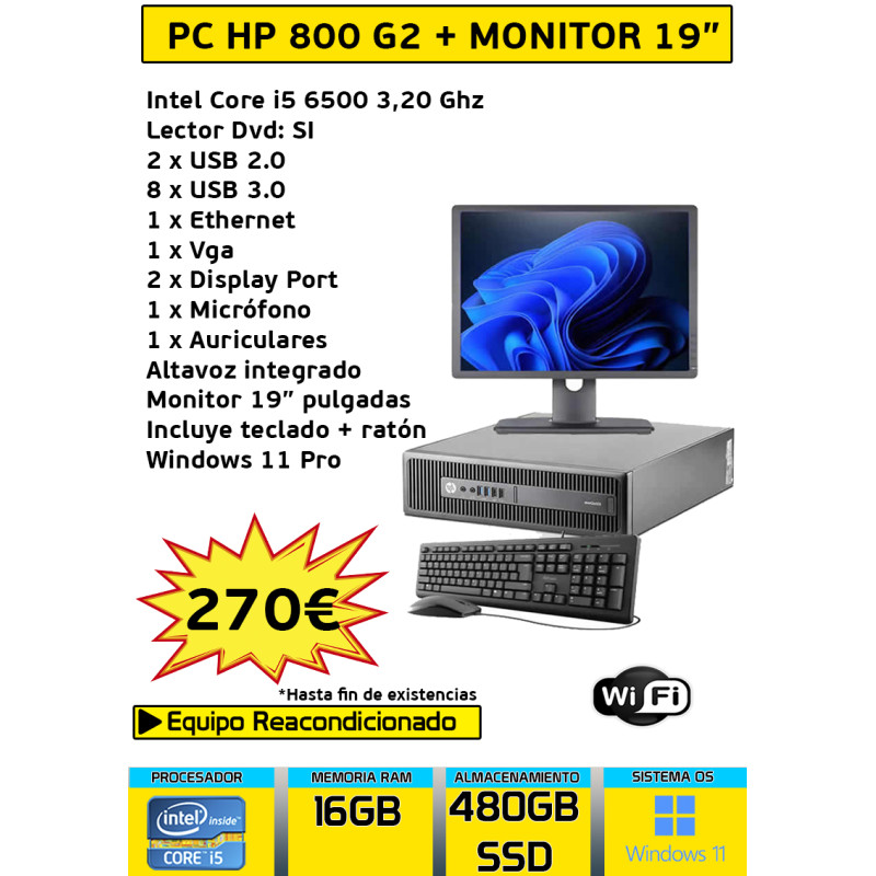 HP ELITEDESK 800 G2 SFF CORE I5 16GB 480GB SSD EQUIPO COMPLETO